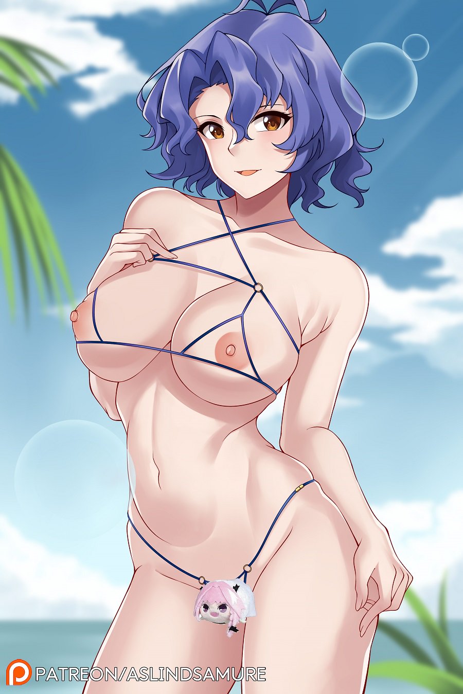 antenna_hair aslindsamure bangs blue_hair blue_sky blurry blush bra braid breasts brown_eyes censored character_censor character_doll cloud collarbone contrapposto cowboy_shot crotchless_bikini crotchless_clothes crotchless_panties cupless_bikini cupless_bra depth_of_field functionally_nude hair_between_eyes hand_on_own_chest haunted_astolfo_bean_plush highres hips idolmaster idolmaster_million_live! large_breasts lens_flare looking_at_viewer navel nipples novelty_censor o-ring outdoors panties parted_lips pink_hair short_hair side_braid sky smile solo standing thighs toyokawa_fuuka underwear wavy_hair yellow_eyes