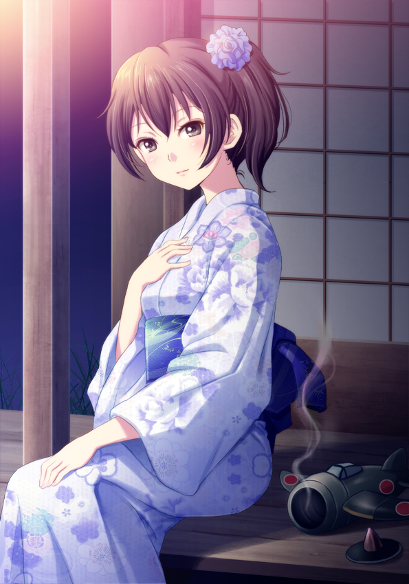 alternate_costume bangs blush brown_eyes brown_hair commentary_request eyebrows_visible_through_hair floral_print flower hair_flower hair_ornament hand_on_lap hand_on_own_chest japanese_clothes kaga_(kantai_collection) kantai_collection kimono looking_at_viewer obi print_kimono sash shian_(my_lonly_life.) short_hair side_ponytail sitting smile solo wide_sleeves