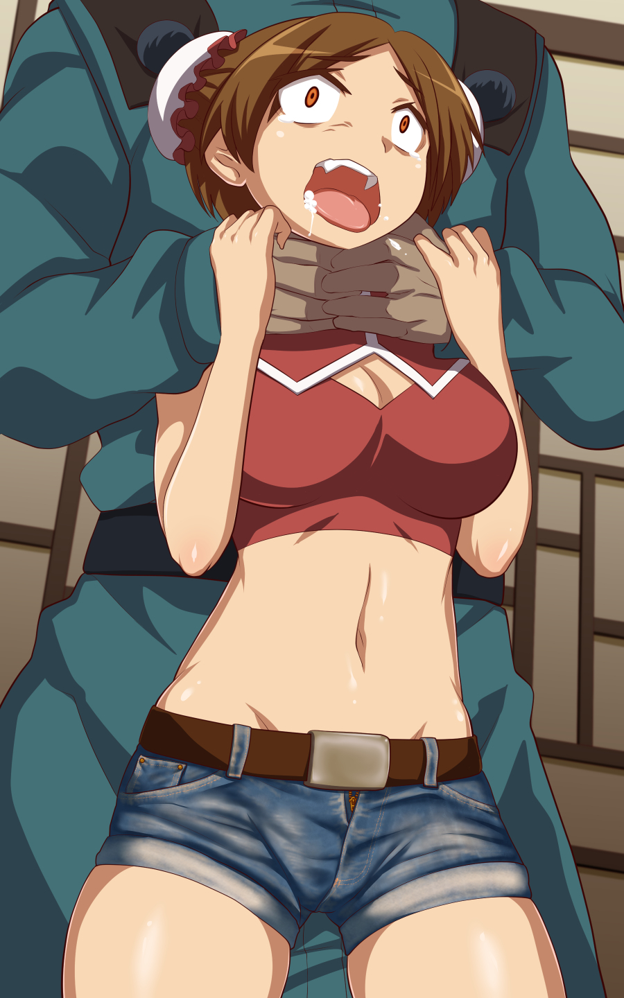 1boy 1girl akame_ga_kill! artist_request asphyxiation belly_button belt breasts brown_hair bun_cover character_request choking cleavage cleavage_cutout constricted_pupils crop_top dark_skin denim denim_shorts fangs foaming_at_the_mouth medium_breasts mound_of_venus navel nounai_zayaku open_mouth orange_eyes saliva short_hair short_shorts shorts tears tongue tongue_out
