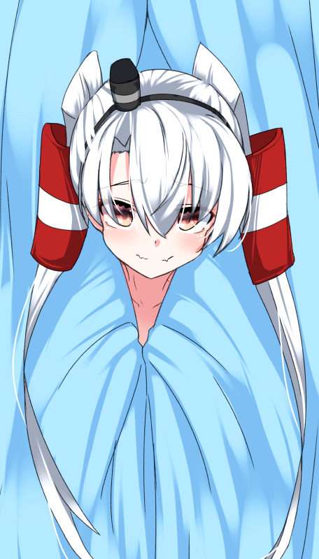amatsukaze_(kantai_collection) covering curtains hair_tubes hairband kantai_collection long_hair looking_at_viewer peeking_out red_eyes silver_hair smile solo tenken_(gotannda) two_side_up upper_body
