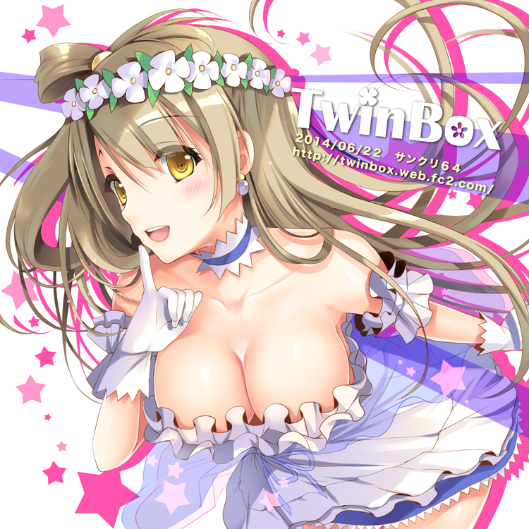2014 blush breasts brown_hair choker cleavage collarbone dated dress earrings finger_to_mouth gloves head_wreath jewelry large_breasts long_hair love_live! love_live!_school_idol_project minami_kotori solo sousouman star watermark web_address white_gloves yellow_eyes yume_no_tobira