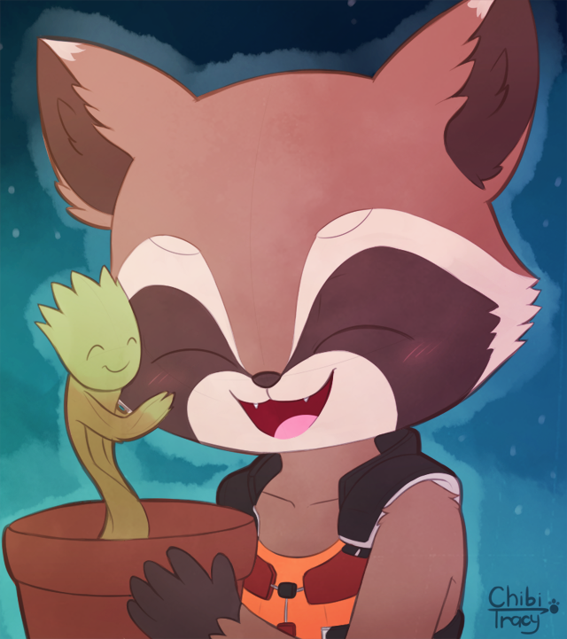 ambiguous_gender blush chibi chibitracy cuddling cute groot guardians_of_the_galaxy male rocket_raccoon