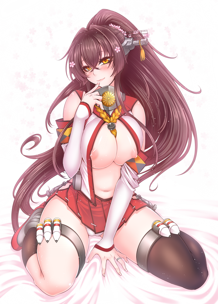 bad_id bad_pixiv_id bed_sheet black_legwear blush breasts brown_eyes brown_hair cherry_blossoms detached_sleeves finger_to_mouth flower hair_flower hair_ornament jewelry kantai_collection large_breasts long_hair looking_at_viewer midriff navel nipple_slip nipples pleated_skirt ponytail ring simple_background sitting skirt smile solo suzuneko_(yume_no_kyoukai) thighhighs wariza wedding_band yamato_(kantai_collection)