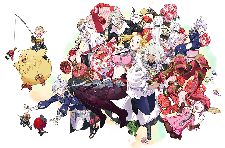 alisaie_leveilleur alphinaud_leveilleur box cactaur cactuar fat_chocobo final_fantasy final_fantasy_xiv flower gift gift_box happy louisoix_leveilleur minfilia multiple_boys multiple_girls official_art papalymo present sabotender simple_background smile tataru_(final_fantasy_xiv) thancred transparent_background urianger_augurelt y'shtola y'shtola yda_(ff14) yda_(final_fantasy_xiv)