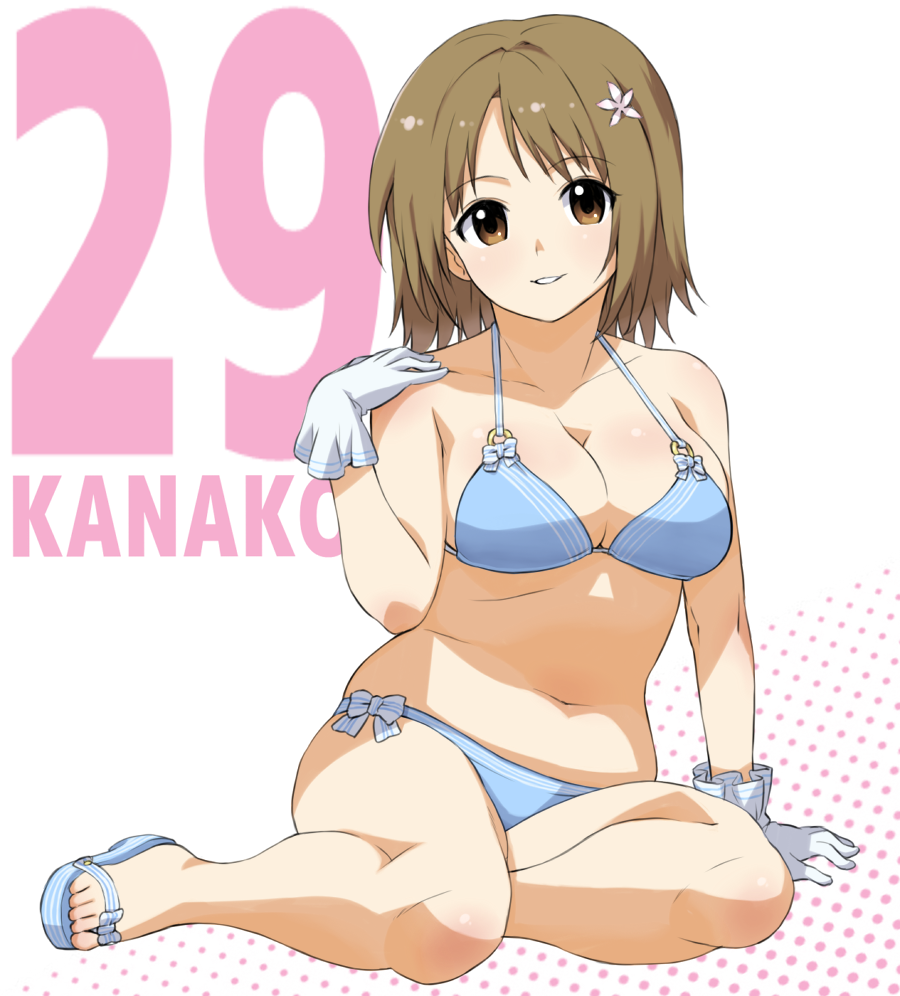 arm_support bikini blue_bikini breasts brown_eyes brown_hair character_name flower gloves hair_flower hair_ornament halftone halftone_background hisakawa_riho idolmaster idolmaster_cinderella_girls large_breasts looking_at_viewer mimura_kanako navel plump sandals simple_background sitting solo swimsuit white_gloves yokozuwari