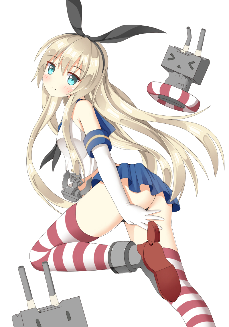 &gt;_&lt; anchor_hair_ornament ass bad_id bad_pixiv_id bare_shoulders black_neckwear black_panties blonde_hair blue_eyes closed_eyes elbow_gloves gloves hair_ornament head_tilt kantai_collection leg_up lifebuoy long_hair looking_at_viewer neckerchief panties pleated_skirt rensouhou-chan ro-ichi sailor_collar shimakaze_(kantai_collection) skirt smile solo striped striped_legwear thighhighs thong triangle_mouth underwear white_background white_gloves |_|
