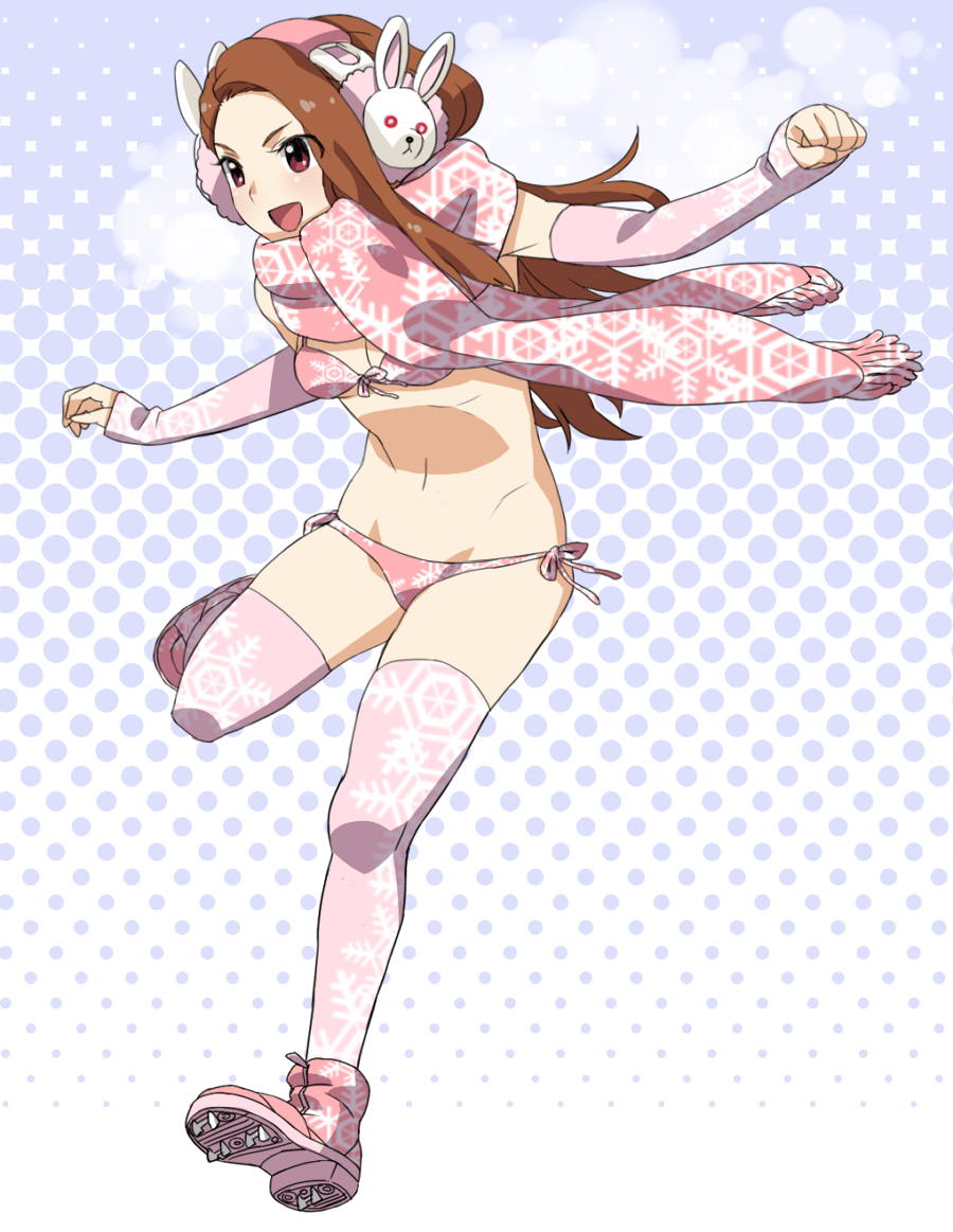 :d ankle_boots bad_id bad_pixiv_id bikini boots bunny_earmuffs bunny_hair_ornament detached_sleeves earmuffs foreshortening hair_ornament halftone halftone_background hisakawa_riho idolmaster idolmaster_(classic) long_hair minase_iori open_mouth outstretched_arms pink_bikini running scarf smile snowflake_print solo spread_arms swimsuit v-shaped_eyebrows