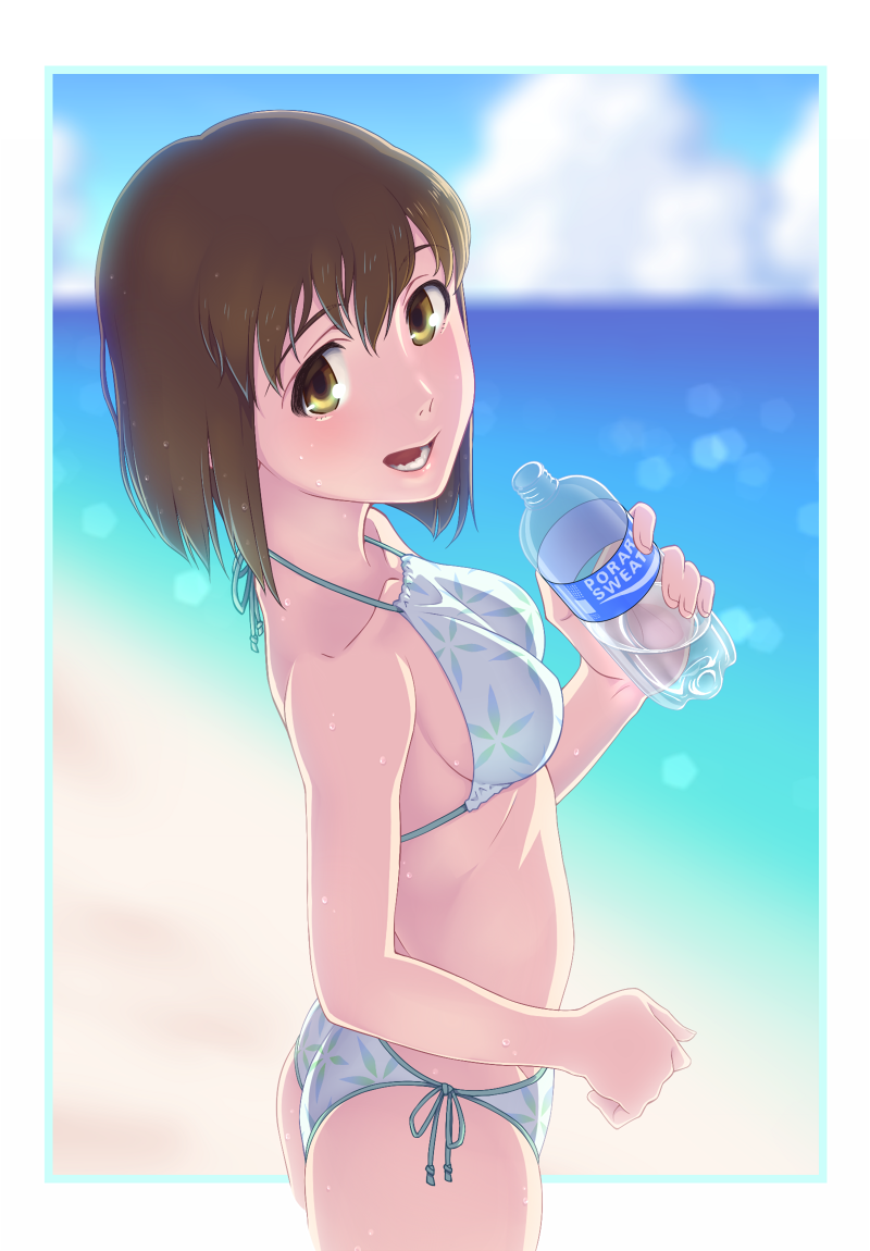 beach bikini blurry bob_cut bottle brand_name_imitation brown_eyes brown_hair collarbone day depth_of_field hagiwara_yukiho idolmaster idolmaster_(classic) impossible_clothes impossible_swimsuit looking_at_viewer nose ocean open_mouth pocari_sweat sat short_hair side-tie_bikini solo swimsuit teeth