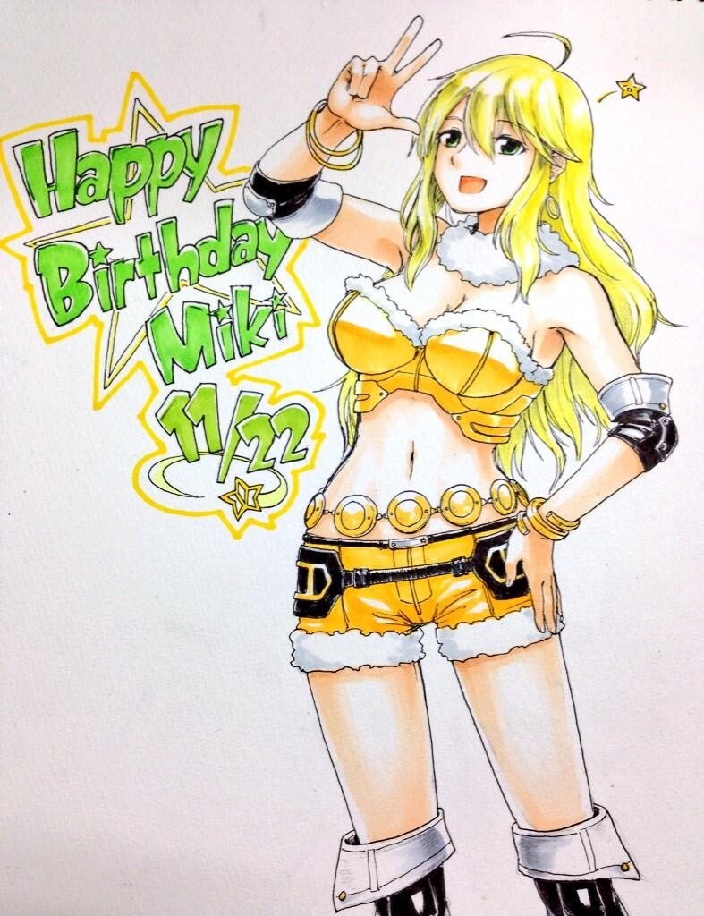 ahoge belt beyond_the_wishes blonde_hair boots breasts character_name cleavage crop_top cutoffs earrings green_eyes hand_on_hip happy_birthday hoshii_miki idolmaster idolmaster_(classic) jewelry large_breasts long_hair marker_(medium) midriff millipen_(medium) navel short_shorts shorts solo star takahashi_umori traditional_media