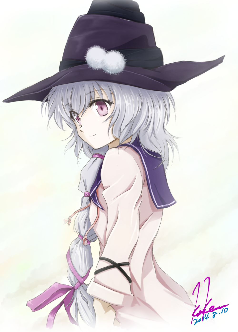 artist_name asymmetrical_hair black_bullet dated from_side fuse_midori hair_over_shoulder hair_ribbon hat highres kem_kem long_hair md5_mismatch multi-tied_hair purple_eyes purple_ribbon ribbon sailor_collar signature silver_hair smile solo white_background witch_hat