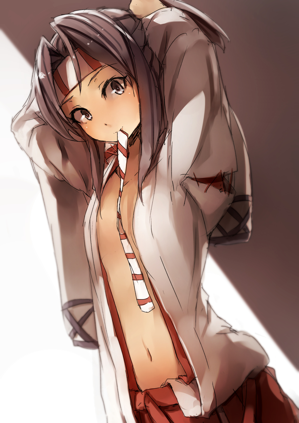 adjusting_hair black_eyes brown_hair flat_chest headband highres japanese_clothes kantai_collection kyouya_(mukuro238) looking_at_viewer mouth_hold navel open_clothes solo stomach zuihou_(kantai_collection)