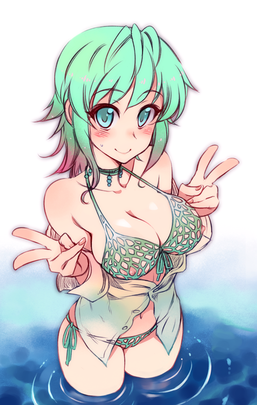 aqua_eyes bare_shoulders bikini blush breasts choker cleavage collarbone double_v dress_shirt fingernails front-tie_top green_hair kusanagi_tonbo large_breasts looking_at_viewer multicolored_hair navel nipples off_shoulder original pink_hair revealing_clothes shirt side-tie_bikini smile solo sweatdrop swimsuit two-tone_hair unbuttoned v wading