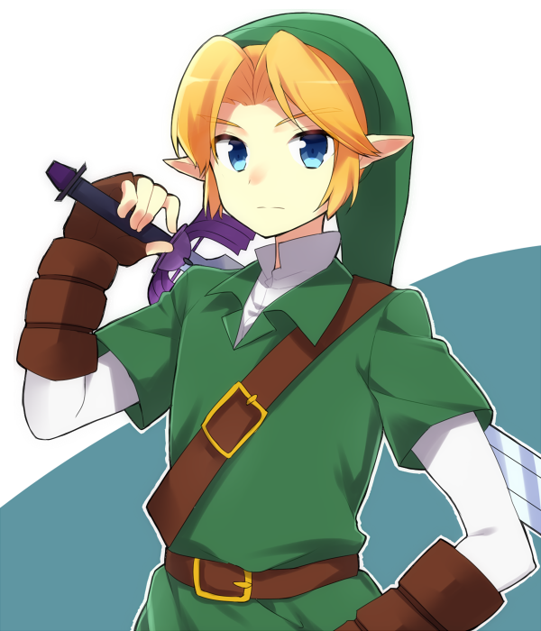 belt blonde_hair blue_eyes hat link male_focus master_sword pointy_ears saibi solo sword the_legend_of_zelda the_legend_of_zelda:_ocarina_of_time weapon