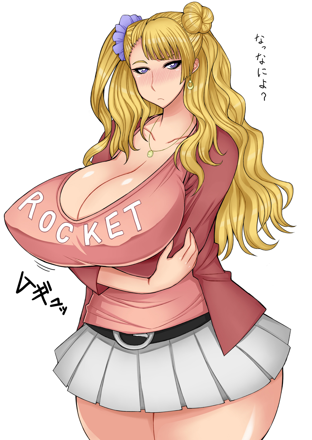 asymmetrical_hair blue_eyes blush breast_hold breasts cardigan casual cleavage earrings galko highres huge_breasts jewelry long_hair necklace one_side_up open_cardigan open_clothes oshiete!_galko-chan otogi_tetsurou pleated_skirt sagging_breasts scrunchie side_bun skirt solo translated wide_hips