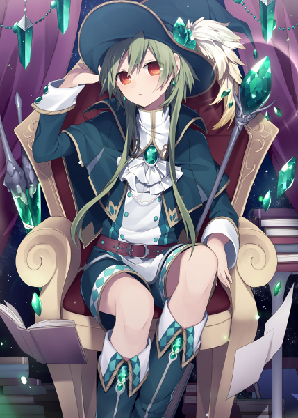 androgynous belt book book_stack boots capelet crystal double-breasted earrings floating floating_object green_hair hat hijiri_(resetter) jewelry looking_at_viewer male_focus original otoko_no_ko red_eyes short_hair shorts sidelocks solo staff trance_(hijiri) witch_hat