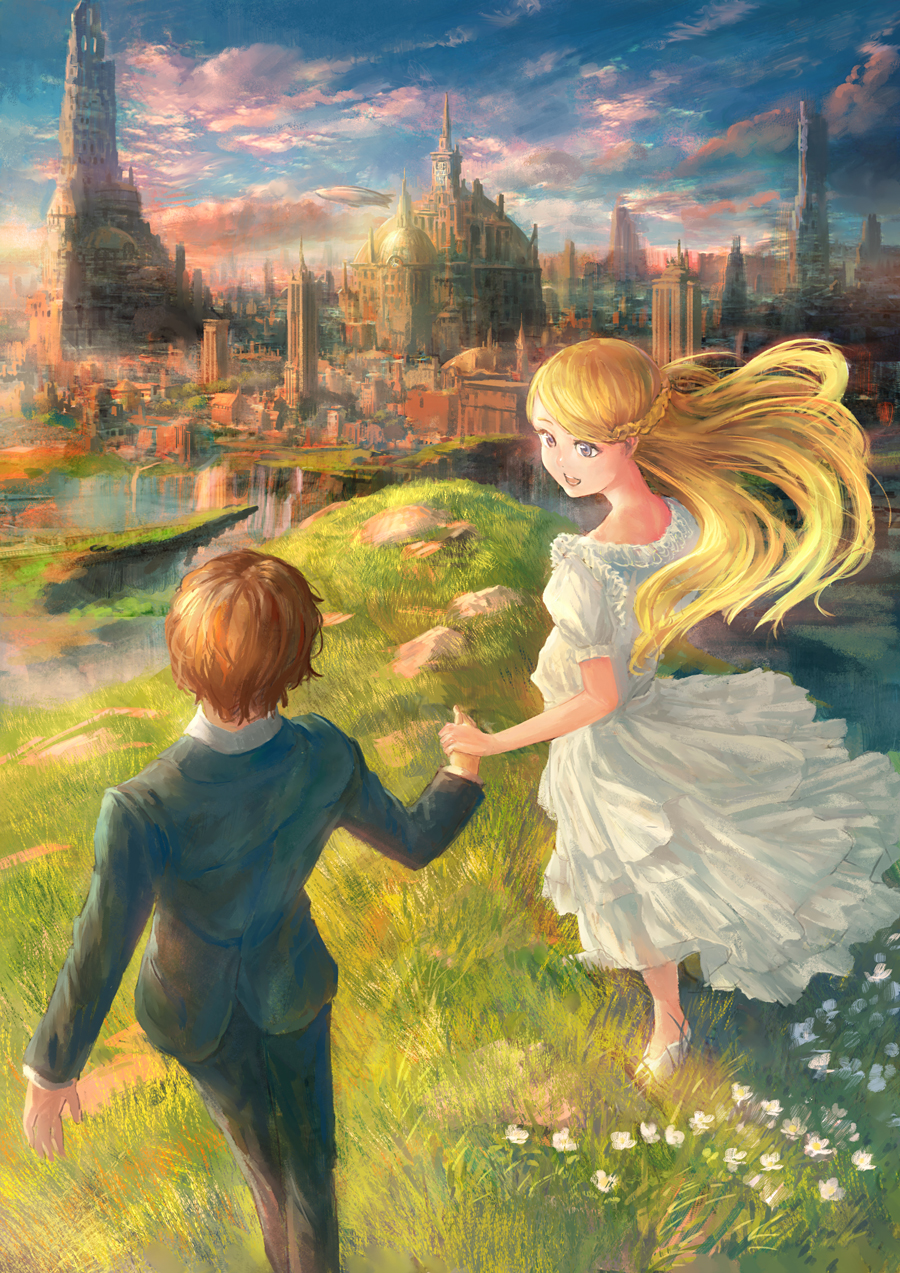 1girl :d aircraft airship blonde_hair blue_eyes blue_jacket blue_pants braid brown_hair building castle cityscape cliff cloud dome dress fantasy flower formal frilled_dress frills from_behind grass highres holding_hands jacket long_hair long_sleeves looking_at_another looking_back nape open_mouth original pants puffy_short_sleeves puffy_sleeves rock scenery short_hair short_sleeves sky smile spire standing suit tower white_dress you_shimizu