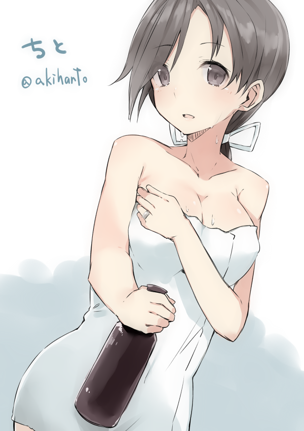 akiha_(attract) bad_id bad_twitter_id bare_shoulders bottle breasts chitose_(kantai_collection) cleavage collarbone grey_eyes grey_hair jewelry kantai_collection long_hair medium_breasts naked_towel ponytail ring solo towel wedding_band wet