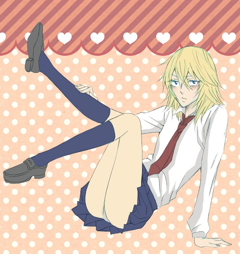 1girl beelzebub_(manga) blonde_hair blue_eyes blush heart kugayama_ushio long_hair necktie orange_background panties pantyshot school_uniform shoes skirt socks underwear upskirt