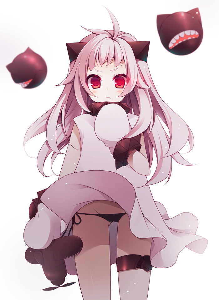 :t ahoge aircraft airplane black_panties blush gloves horns izumiyuhina kantai_collection long_hair looking_at_viewer mittens northern_ocean_hime pale_skin panties pout red_eyes shinkaisei-kan side-tie_panties simple_background solo thigh_strap underwear white_background white_hair wind wind_lift