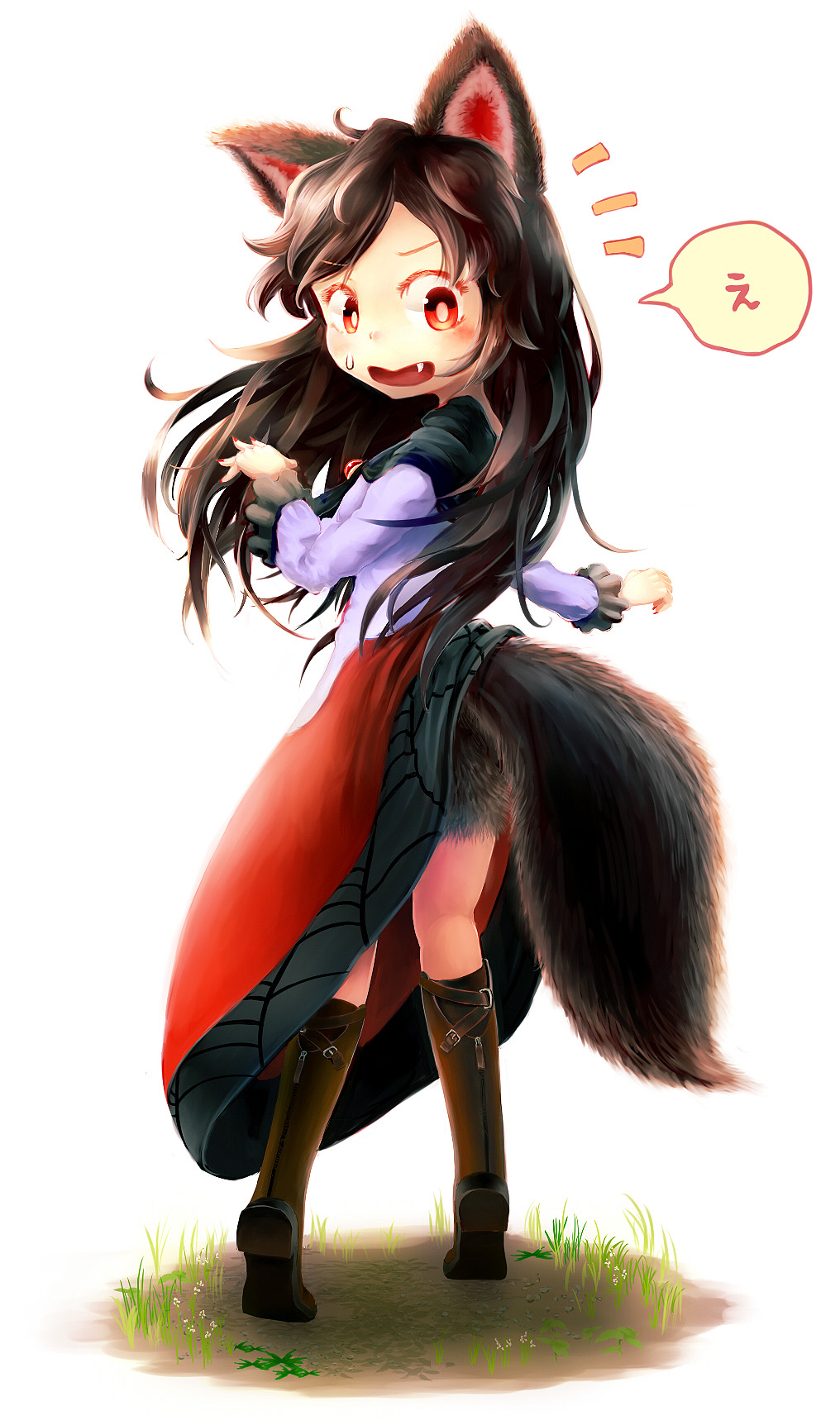 1girl animal_ears bare_shoulders blush boots brown_hair dress eruei fang fingernails full_body fur highres imaizumi_kagerou jewelry long_hair long_sleeves looking_back nail_polish open_mouth red_eyes simple_background solo speech_bubble surprised tail touhou translated white_background wolf_ears wolf_tail
