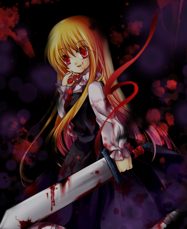 :d alternate_hair_length alternate_hairstyle anna_(small_night) blonde_hair blood blood_on_face bloody_clothes blouse dark darkness ex-rumia frilled_skirt frills long_hair looking_at_viewer open_mouth red_eyes ribbon rumia skirt smile sword touhou weapon