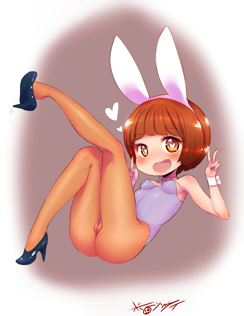 animal_ears blush bob_cut born-to-die bow bowtie breasts brown_eyes brown_hair bunny_ears bunnysuit cameltoe covered_nipples double_v heart heart-shaped_pupils high_heels highres kill_la_kill mankanshoku_mako open_mouth pantyhose shoe_dangle small_breasts smile symbol-shaped_pupils v wrist_cuffs