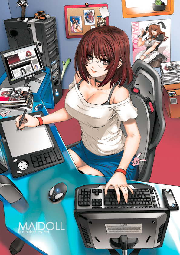 breasts brown_eyes brown_hair cactus cleavage computer desk drawing_tablet fei_(maidoll) glasses large_breasts original room self-portrait sitting solo spring_onion stylus thighhighs wacom