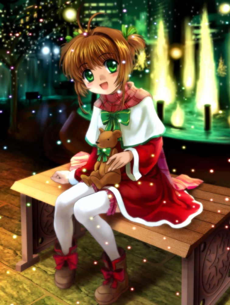 blush card_captor_sakura child christmas dress frills green_eyes happy kinomoto_sakura kodansha lights moonknives mutsuki_(moonknives) sitting smile thighhighs