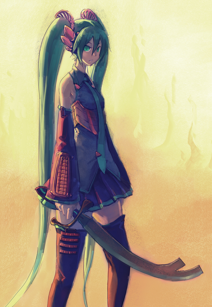 bad_id bad_pixiv_id detached_sleeves green_eyes green_hair hatsune_miku long_hair necktie roten skirt solo sword thighhighs twintails very_long_hair vocaloid weapon