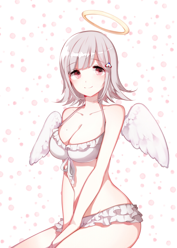 1girl angel angel_wings arms_between_legs bare_arms bare_shoulders bikini bikini_bottom bikini_top breasts collarbone commentary_request danganronpa dasulchan eyebrows_visible_through_hair feathered_wings flipped_hair hair_ornament hairclip halo large_breasts light_brown_hair looking_at_viewer mole mole_on_breast nanami_chiaki pink_eyes short_hair simple_background sitting smile solo super_danganronpa_2 swimsuit white_bikini white_wings wings