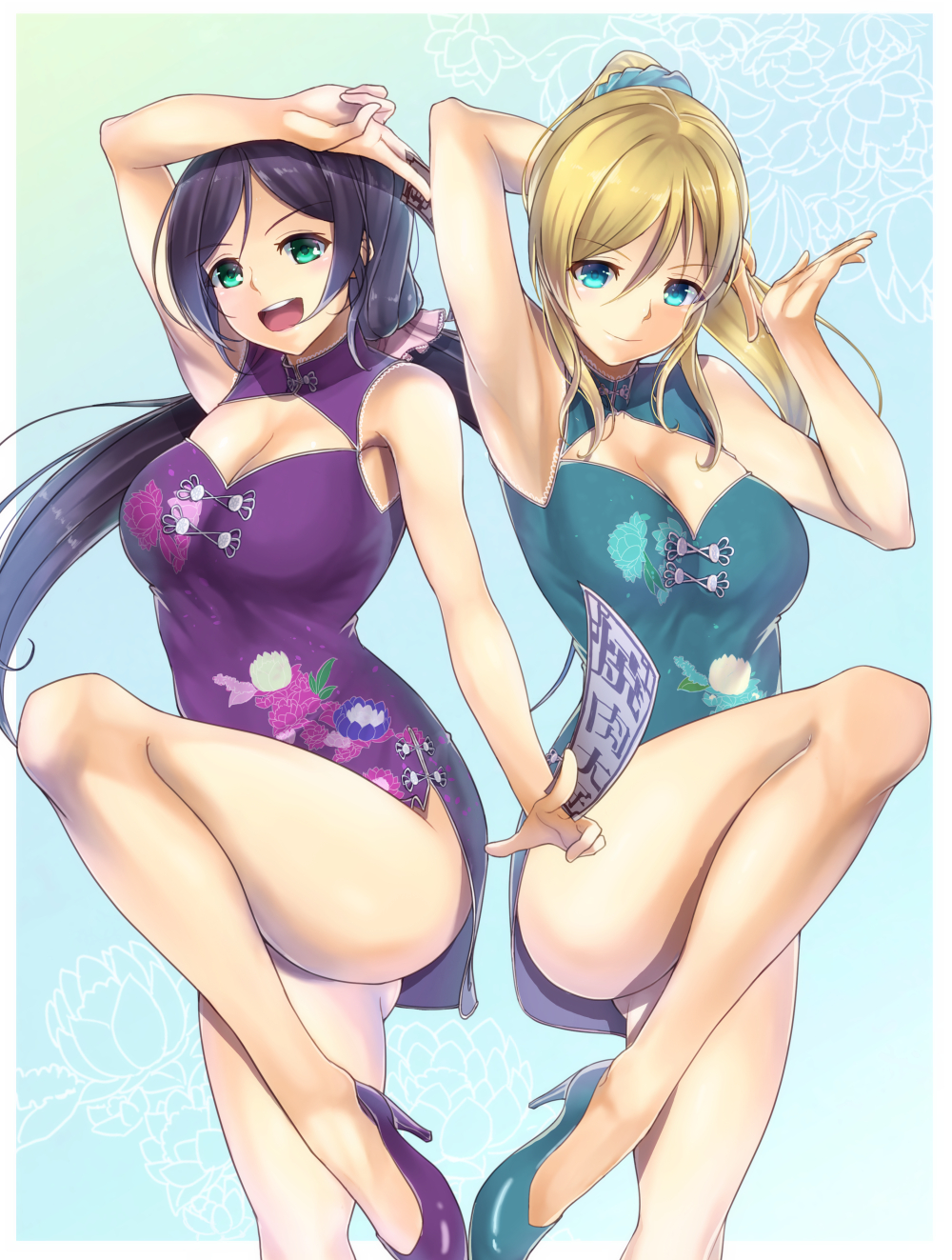 arm_behind_head arm_up armpits ayase_eli bare_legs blonde_hair blue_eyes breasts china_dress chinese_clothes cleavage closed_mouth dress eyebrows_visible_through_hair floral_print green_eyes high_heels highres large_breasts leg_up long_hair long_legs love_live! love_live!_school_idol_project md5_mismatch multiple_girls no_panties ofuda open_mouth ponytail pose purple_hair standing standing_on_one_leg toujou_nozomi twintails yamaori_(yamaorimon)