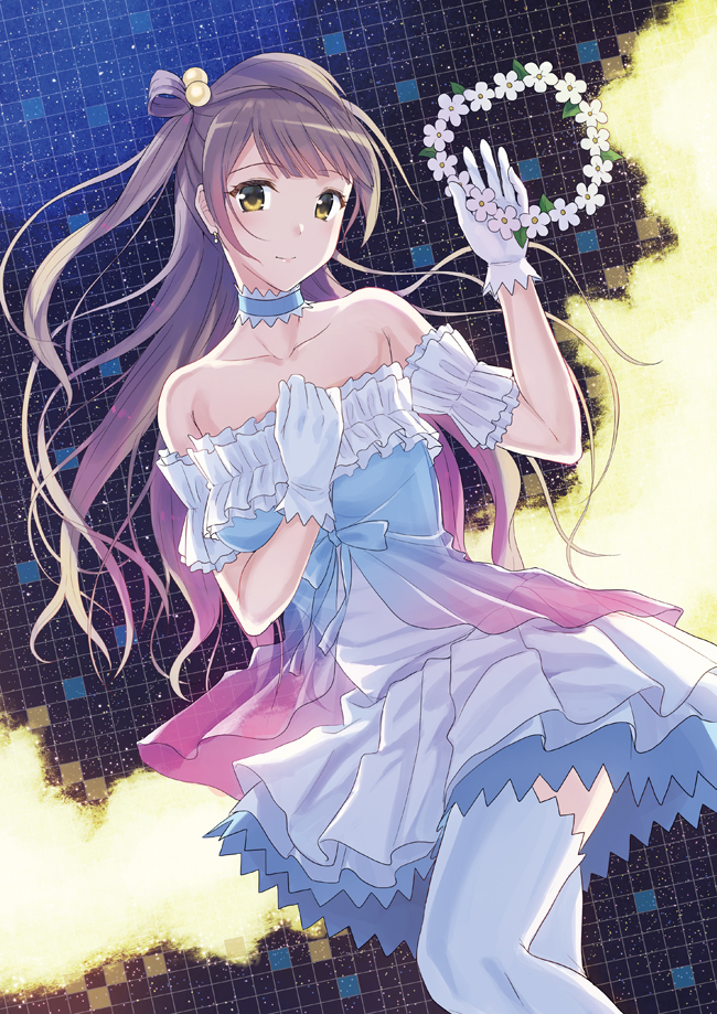 bare_shoulders brown_hair choker dress earrings gloves hair_ornament_removed hand_on_own_chest head_wreath head_wreath_removed hex_grid jewelry kichiroku long_hair looking_at_viewer love_live! love_live!_school_idol_project minami_kotori sky solo star_(sky) starry_sky strapless strapless_dress thighhighs white_gloves white_legwear yellow_eyes yume_no_tobira