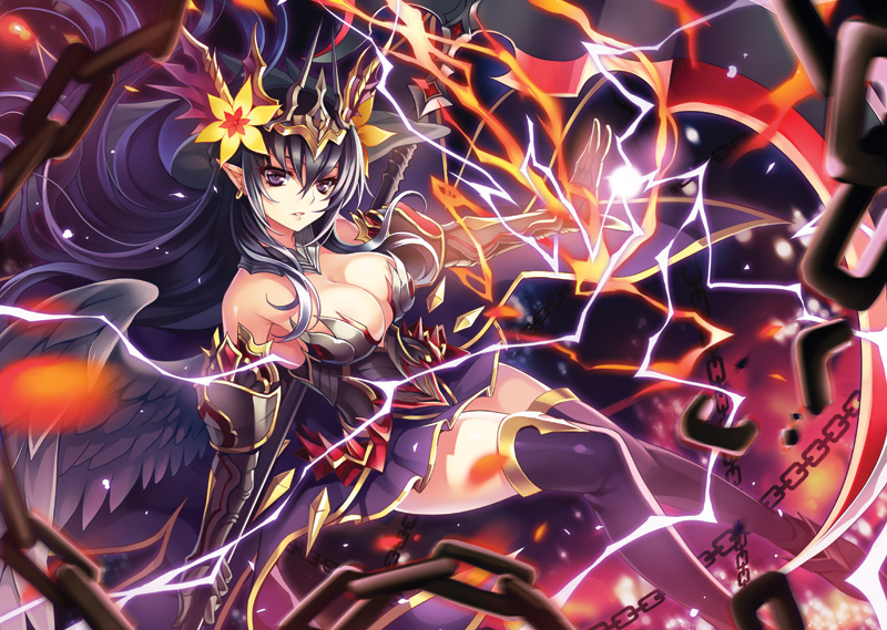 armor bare_shoulders black_hair black_wings blurry breasts broken broken_chain chain cleavage depth_of_field earrings energy_ball feathered_wings flower gauntlets hair_flower hair_ornament jewelry large_breasts long_hair parted_lips persephone_(p&amp;d) pleated_skirt pointy_ears polearm purple_eyes purple_legwear purple_skirt puzzle_&amp;_dragons riv skirt solo thighhighs tiara very_long_hair weapon wings zettai_ryouiki