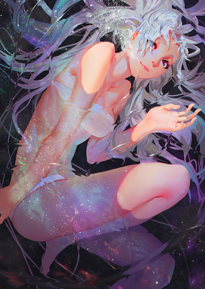 bandeau barefoot blue_hair breasts commentary english_commentary karasu-san_(syh3iua83) legs long_hair looking_at_viewer medium_breasts milky_way multicolored multicolored_eyes original partially_submerged ripples smile solo star_(sky) swimsuit thighs very_long_hair