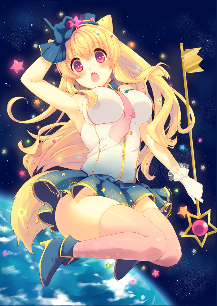 :o animal_ears arm_up armpits bare_shoulders blonde_hair blue_footwear blue_gloves blue_skirt breasts earth gloves grabbing hat high_heels key kinoko knees_together_feet_apart large_breasts legs_folded long_hair looking_at_viewer mini_hat mini_top_hat miniskirt necktie no_panties open_mouth original perky_breasts pink_eyes shiny shiny_skin shoes skindentation skirt solo space star tail thighhighs top_hat wand white_gloves
