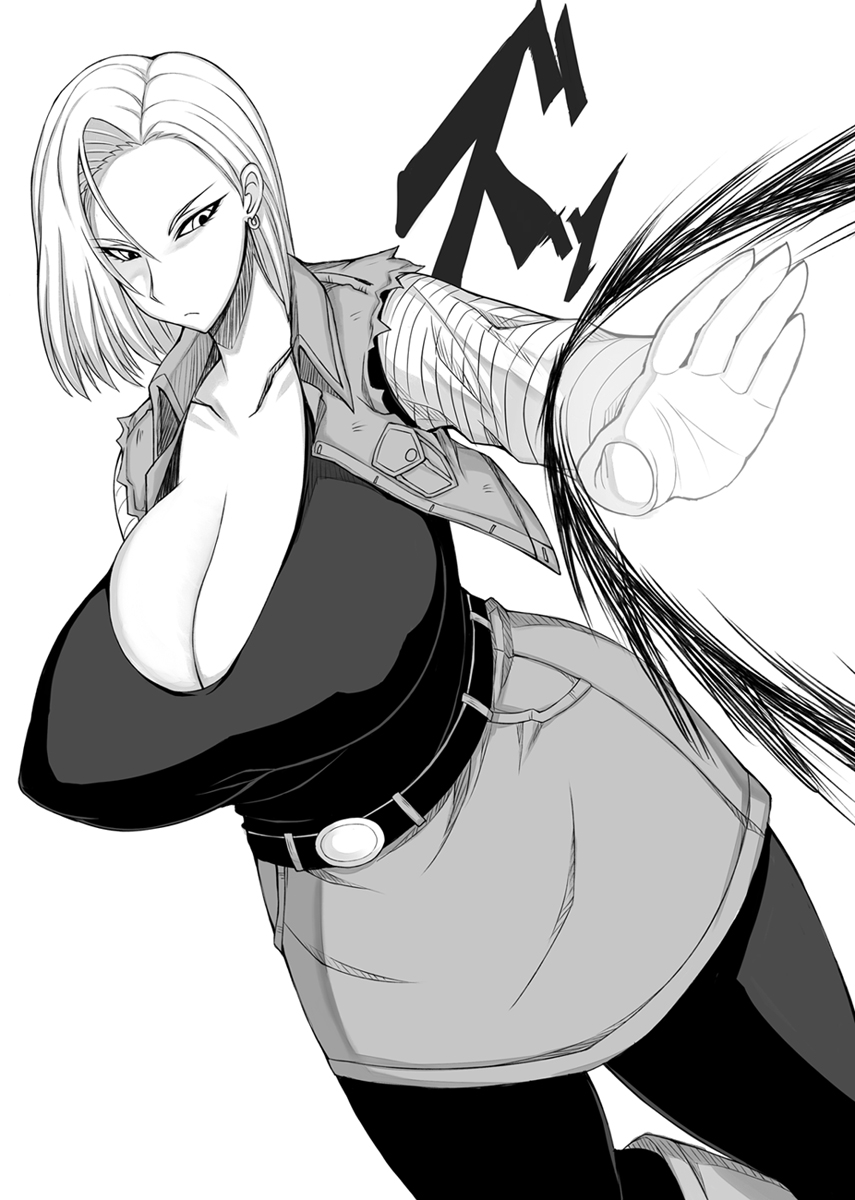 alternate_breast_size android_18 boots breasts cleavage dragon_ball dragon_ball_z earrings energy_beam greyscale highres huge_breasts jewelry knee_boots monochrome otogi_tetsurou pantyhose short_hair skirt solo tsurime vest
