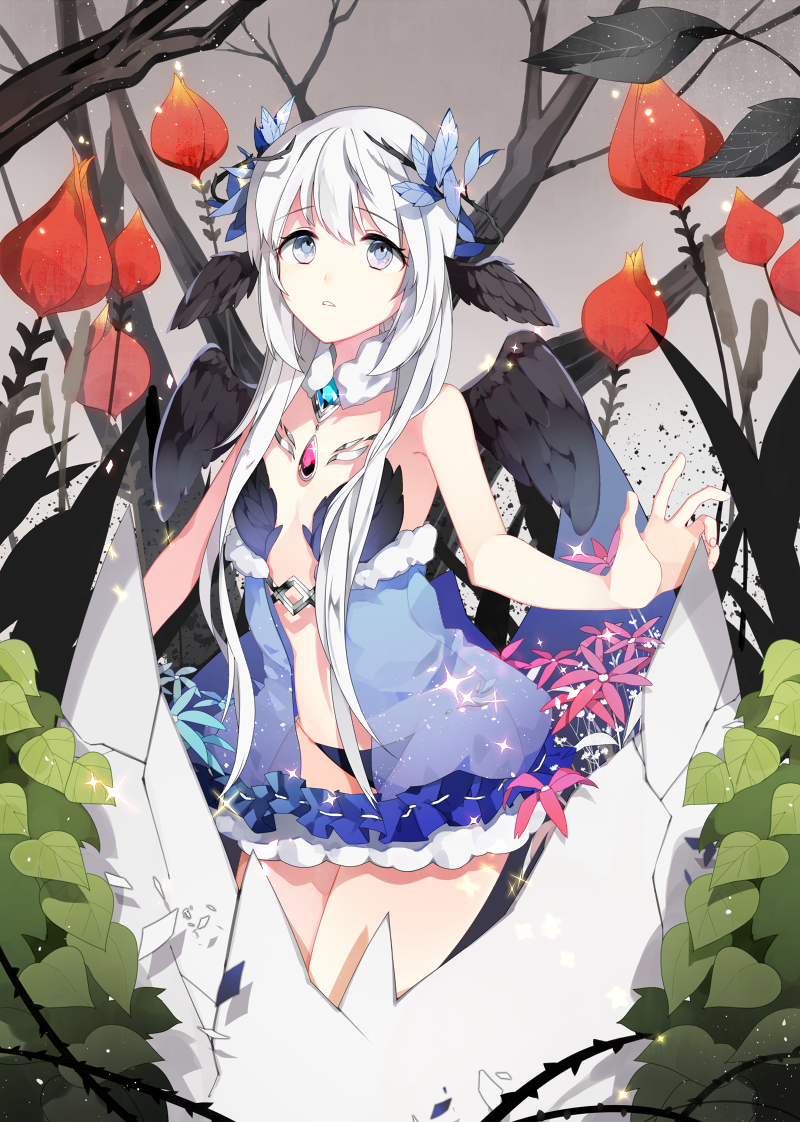 1girl aqua_eyes bare_arms bare_shoulders black_panties black_wings blue_dress breasts chain_chronicle commentary_request dasulchan detached_collar dot_nose dress eyebrows_visible_through_hair feathered_wings flower gem hair_ornament jewelry leaf leaf_hair_ornament looking_up no_bra original outdoors panties red_flower revealing_clothes see-through short_hair_with_long_locks small_breasts solo standing tree underwear whtie_hair wings