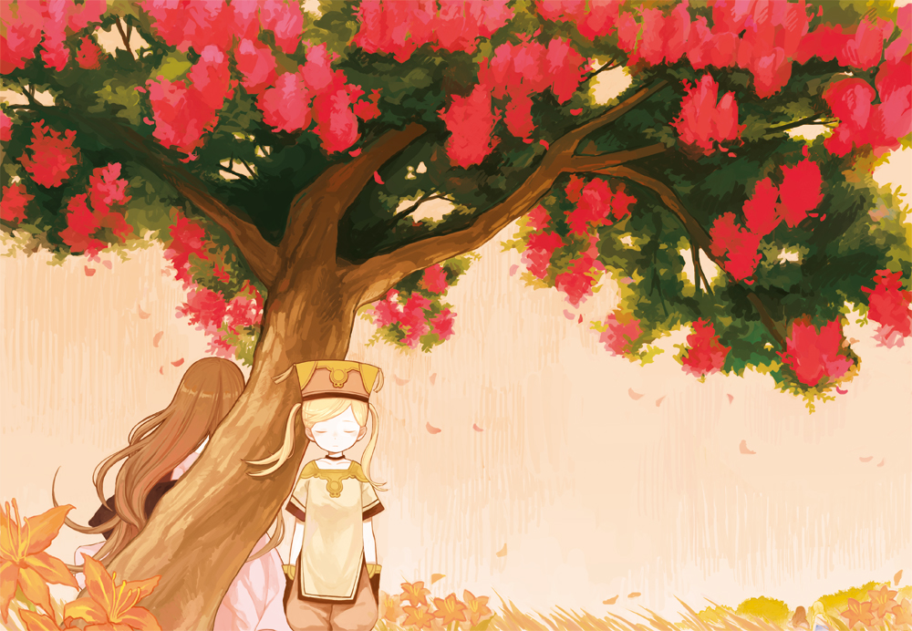 blonde_hair brown_hair choker closed_eyes flower hat lily_(flower) long_hair multiple_girls okari original petals tree twintails wind