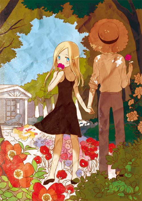 1girl black_dress blonde_hair blue_eyes covering_mouth dress field flower flower_field hat holding holding_hands long_hair looking_at_viewer okari original rose straw_hat tree tree_shade