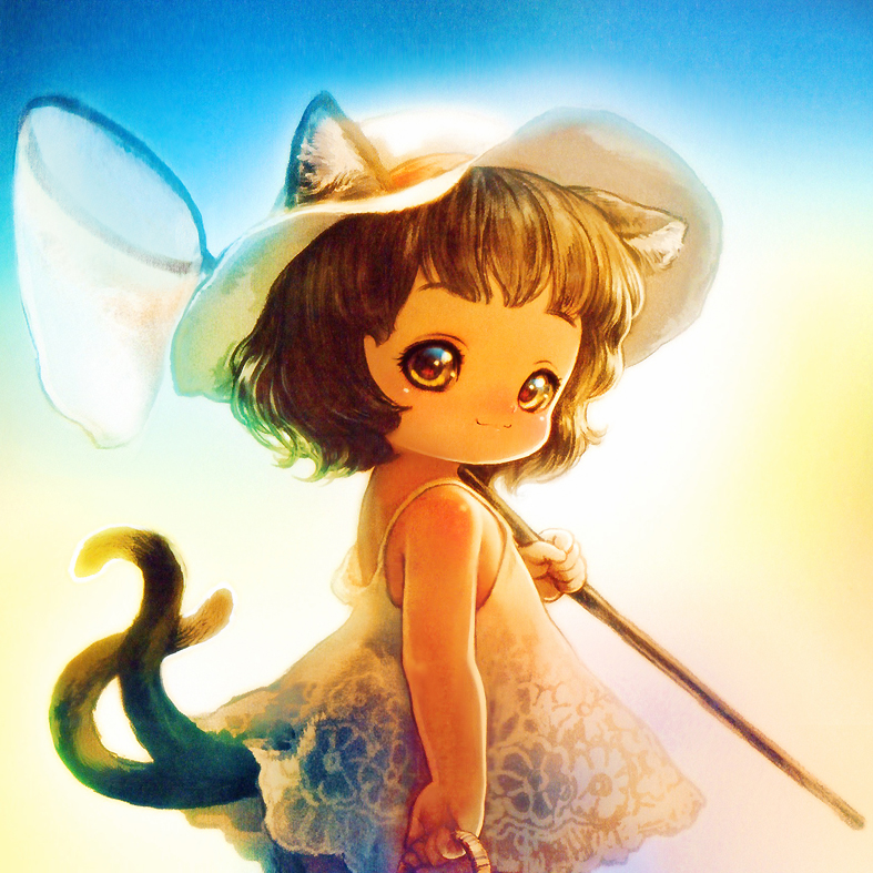 :3 alternate_costume animal_ears backlighting bare_shoulders brown_hair butterfly_net cat_ears cat_tail chen dress ears_through_headwear hand_net hat looking_at_viewer looking_back multiple_tails nekomata short_hair smile souri sun_hat sundress tail touhou yellow_eyes younger