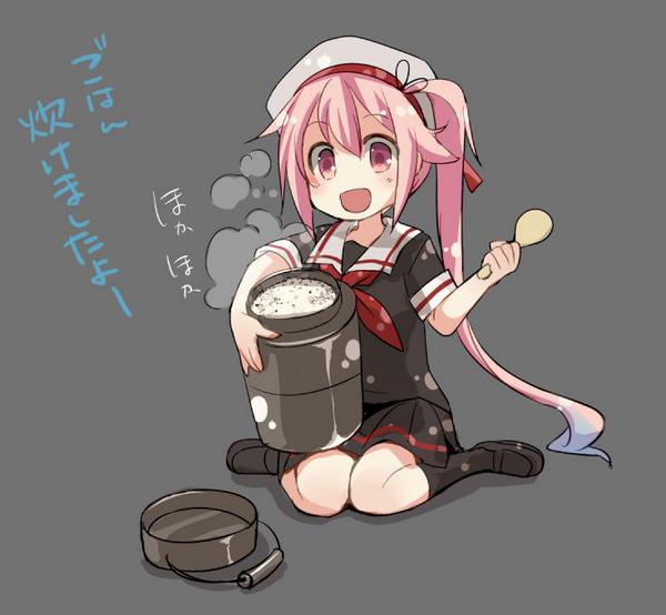 1girl food harusame_(kantai_collection) hat kantai_collection naruse_chisato pink_hair pleated_skirt school_uniform serafuku side_ponytail skirt smile solo