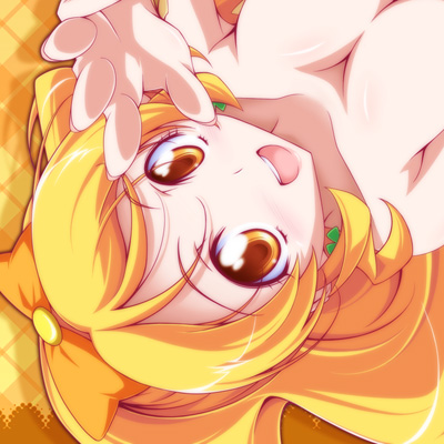 argyle argyle_background blonde_hair breasts brown_eyes cure_honey earrings happinesscharge_precure! jewelry kikuchi_tsutomu large_breasts long_hair lowres magical_girl oomori_yuuko orange_background precure smile solo topless upside-down wide_ponytail