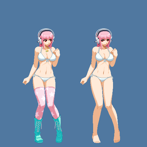 aoi_ship bikini blush boots breasts cleavage headphones large_breasts long_hair looking_at_viewer lowres navel nitroplus pink_hair pixel_art red_eyes smile solo super_sonico swimsuit thighhighs