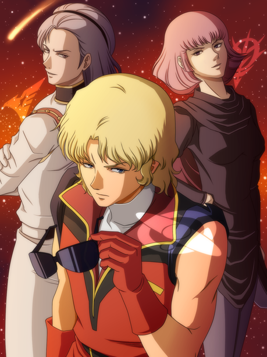 2boys blonde_hair cabbage666 char_aznable gundam haman_karn logo multiple_boys paptimus_scirocco purple_hair quattro_vageena sunglasses zeta_gundam