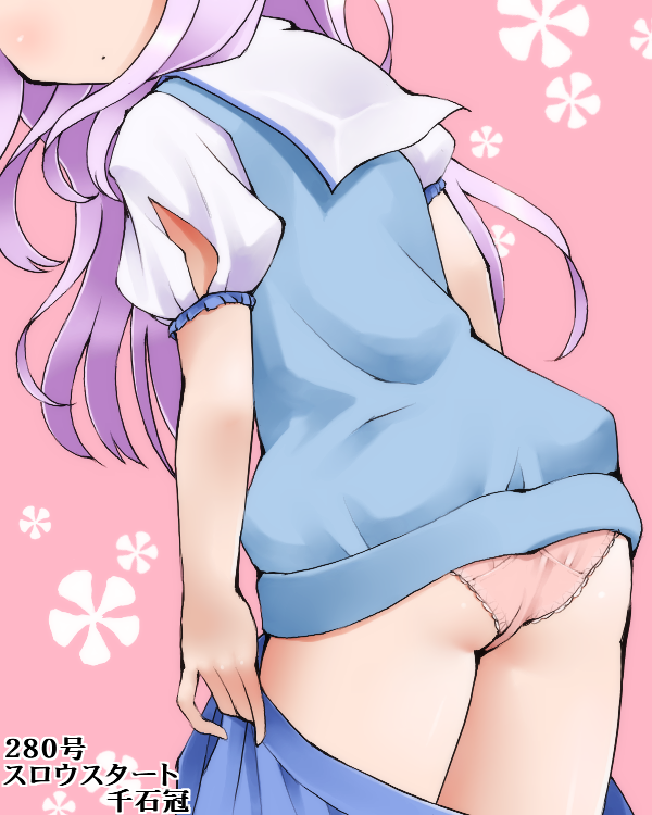 1girl blue_shirt blue_skirt closed_mouth dr_rex head_out_of_frame long_hair panties pink_background pink_panties pleated_skirt puffy_short_sleeves puffy_sleeves purple_hair sailor_collar sengoku_kamuri shirt short_sleeves skirt skirt_pull slow_start solo underwear white_sailor_collar