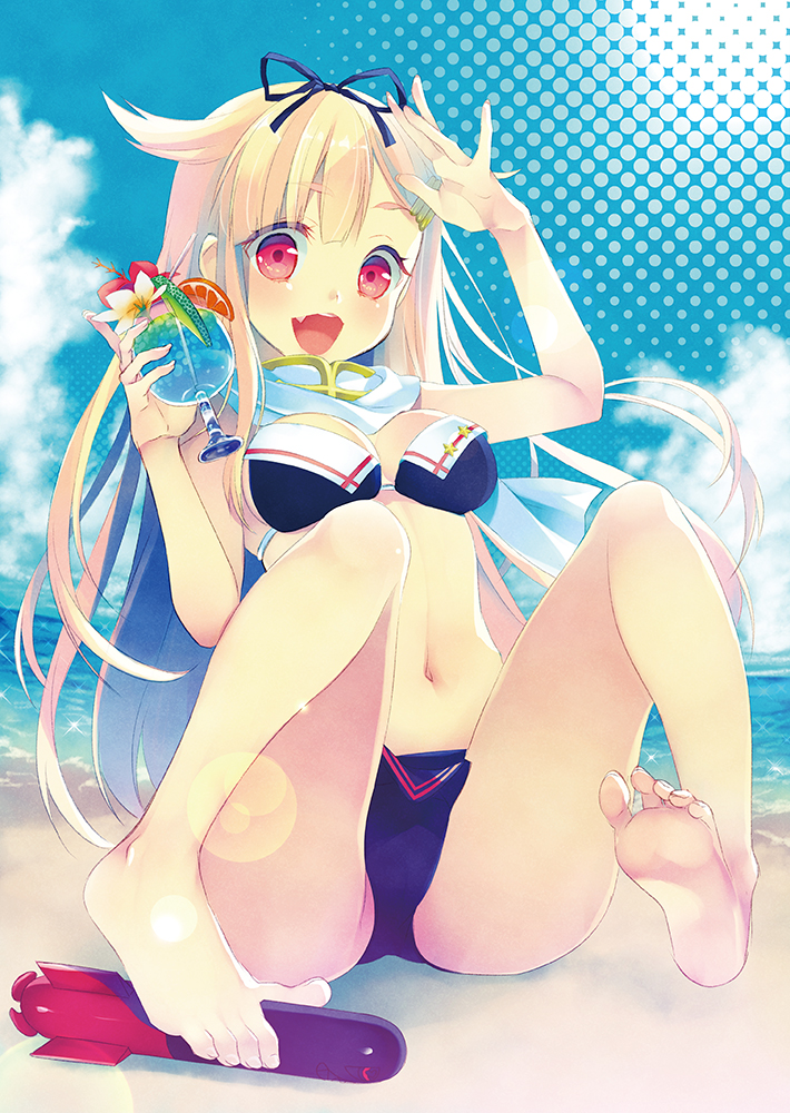 :d ammunition bangs barefoot beach between_toes bikini_skirt blonde_hair blue_background blue_hawaii blue_sky breasts cloud cloudy_sky cocktail cup day drinking_glass drinking_straw fang feet foot_hold full_body gradient_hair hair_flaps hair_ornament hair_ribbon hairclip halftone hands horizon kantai_collection long_hair looking_at_viewer medium_breasts multicolored_hair namanie navel ocean open_mouth outdoors palms red_eyes remodel_(kantai_collection) ribbon sand scarf sitting sky smile soles solo swimsuit teeth toes torpedo tropical_drink water white_scarf yuudachi_(kantai_collection)