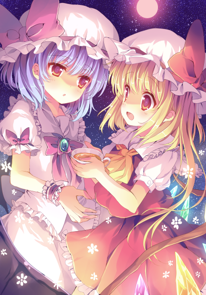 :d :o blonde_hair blush bow cup demon_wings dress flandre_scarlet hat hat_bow holding holding_cup lavender_hair mob_cap moon multiple_girls night night_sky open_mouth red_eyes red_moon reia remilia_scarlet siblings sisters sky smile star_(sky) starry_sky tea teacup touhou wings