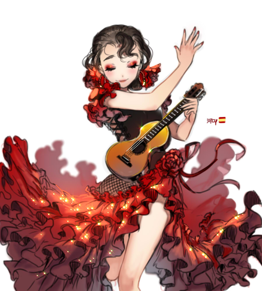 acoustic_guitar brown_hair closed_eyes commentary_request dress earrings eyeliner flamenco flower frilled_dress frills guitar hair_ornament instrument jewelry kawacy lipstick makeup original rose smile solo spain sparkle
