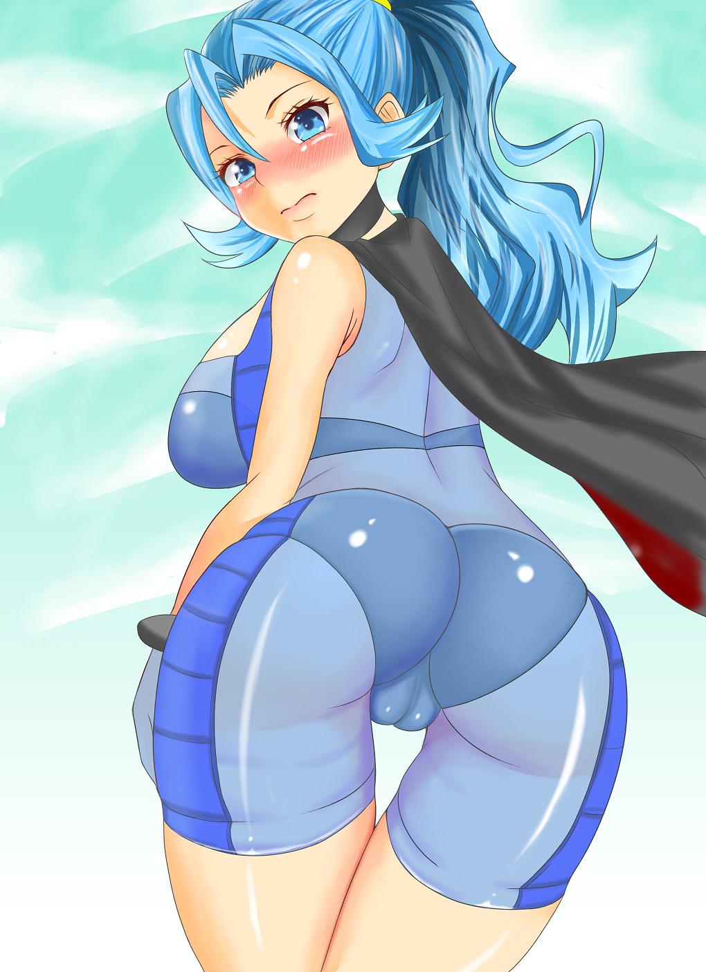 1girl adahcm ass bare_shoulders blue_eyes blue_hair blush bodysuit bra breasts cameltoe cape choker from_behind gloves gym_leader huge_ass ibuki_(pokemon) large_breasts long_hair looking_at_viewer nintendo panties pokemon pokemon_(game) pokemon_hgss ponytail see-through sideboob thigh_gap underwear wide_hips