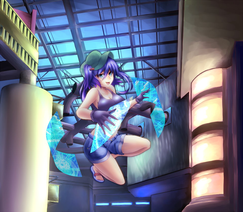 bad_id bad_pixiv_id bare_shoulders black_gloves blue_eyes blue_hair breasts cleavage collarbone crop_top denim denim_shorts gloves hair_bobbles hair_ornament hat hologram holographic_interface holographic_monitor holographic_touchscreen indoors kawashiro_nitori key large_breasts open_mouth ryu-ma_(tuylp) sandals short_hair short_sleeves short_twintails shorts slippers smile solo tank_top touhou twintails two_side_up